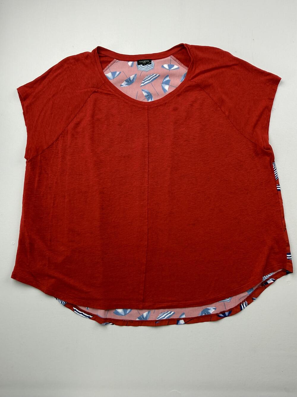Talbots Shirt Womens Red Scoop Neck Short Raglan Sleeve Umbrella Print Top Read